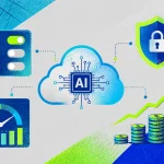 Triotone ilustrácia zobrazuje cloudové AI centrum s ikonou čipu, bezpečnostným štítom, prístupovými prepínačmi, výkonnostným dashboardom a rastúcimi nákladmi, ktoré symbolizujú potrebu kontroly rozpočtov, prístupov a návratnosti pri firemnom využívaní AI.