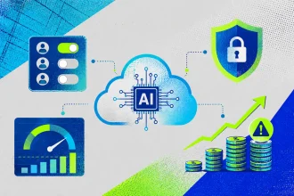 Triotone ilustrácia zobrazuje cloudové AI centrum s ikonou čipu, bezpečnostným štítom, prístupovými prepínačmi, výkonnostným dashboardom a rastúcimi nákladmi, ktoré symbolizujú potrebu kontroly rozpočtov, prístupov a návratnosti pri firemnom využívaní AI.