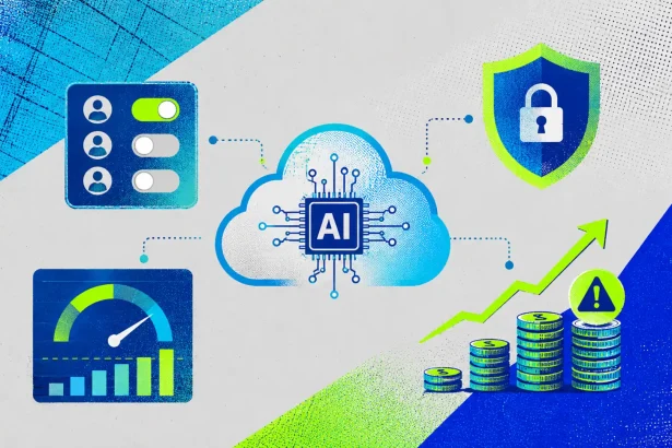 Triotone ilustrácia zobrazuje cloudové AI centrum s ikonou čipu, bezpečnostným štítom, prístupovými prepínačmi, výkonnostným dashboardom a rastúcimi nákladmi, ktoré symbolizujú potrebu kontroly rozpočtov, prístupov a návratnosti pri firemnom využívaní AI.