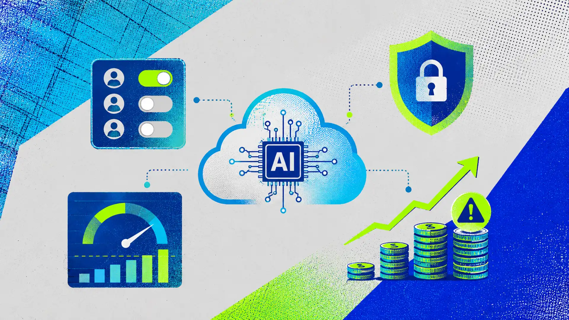 Triotone ilustrácia zobrazuje cloudové AI centrum s ikonou čipu, bezpečnostným štítom, prístupovými prepínačmi, výkonnostným dashboardom a rastúcimi nákladmi, ktoré symbolizujú potrebu kontroly rozpočtov, prístupov a návratnosti pri firemnom využívaní AI.