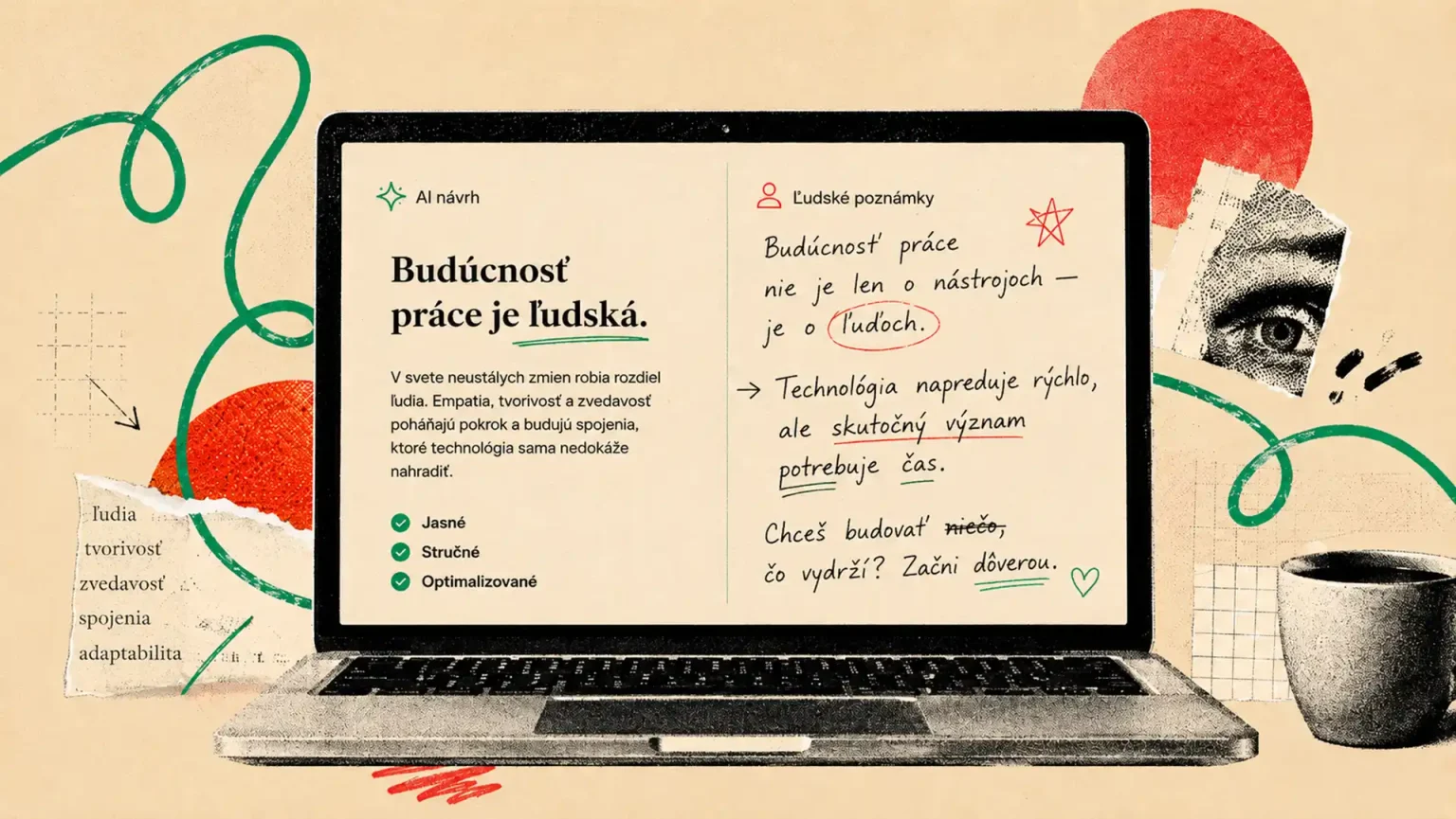 Ilustrovaný notebook rozdelený na AI návrh a ľudské poznámky, ktorý porovnáva uhladený text umelej inteligencie s autentickými ručne písanými poznámkami.