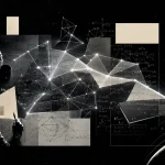 Konceptuálna čierno-biela ilustrácia zobrazuje dvoch výskumníkov sledujúcich svetelnú sieť z úsečiek, bodov a geometrických tvarov, ktorá sa rozvíja nad matematickými náčrtmi a diagramami na tmavom pozadí.