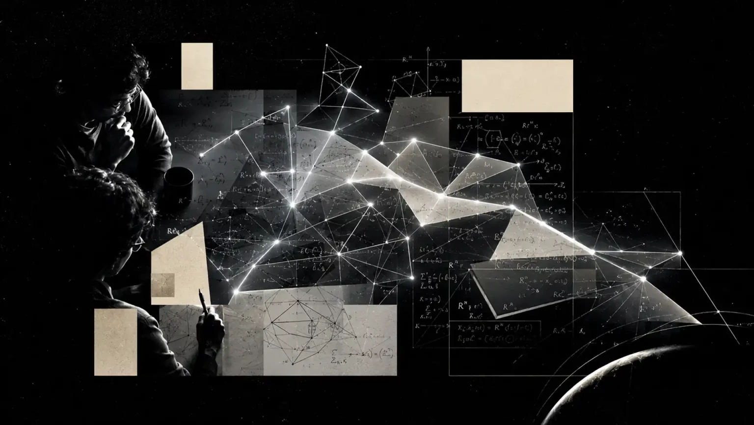 Konceptuálna čierno-biela ilustrácia zobrazuje dvoch výskumníkov sledujúcich svetelnú sieť z úsečiek, bodov a geometrických tvarov, ktorá sa rozvíja nad matematickými náčrtmi a diagramami na tmavom pozadí.