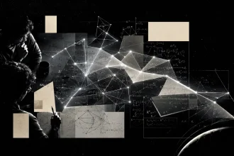 Konceptuálna čierno-biela ilustrácia zobrazuje dvoch výskumníkov sledujúcich svetelnú sieť z úsečiek, bodov a geometrických tvarov, ktorá sa rozvíja nad matematickými náčrtmi a diagramami na tmavom pozadí.
