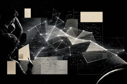 Konceptuálna čierno-biela ilustrácia zobrazuje dvoch výskumníkov sledujúcich svetelnú sieť z úsečiek, bodov a geometrických tvarov, ktorá sa rozvíja nad matematickými náčrtmi a diagramami na tmavom pozadí.