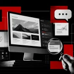 Čierno-červená editorial ilustrácia zobrazuje moderný web na monitore, ktorý je prepojený s AI workflow prvkami, ako sú chatbot, obsahové bloky, analytika, integrácie, cloudové napojenia a technické schémy, pričom lupa symbolizuje pripravenosť webu na AI použitie.