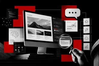 Čierno-červená editorial ilustrácia zobrazuje moderný web na monitore, ktorý je prepojený s AI workflow prvkami, ako sú chatbot, obsahové bloky, analytika, integrácie, cloudové napojenia a technické schémy, pričom lupa symbolizuje pripravenosť webu na AI použitie.