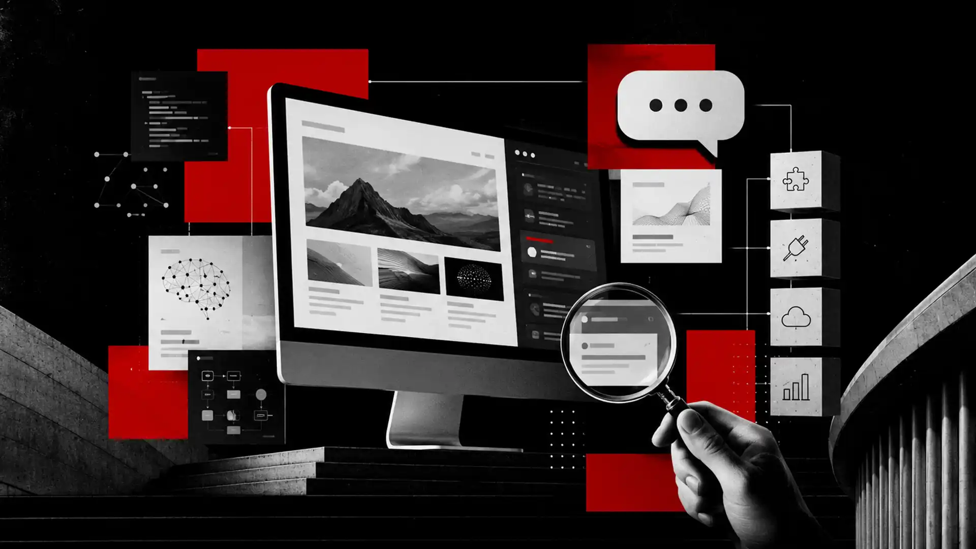 Čierno-červená editorial ilustrácia zobrazuje moderný web na monitore, ktorý je prepojený s AI workflow prvkami, ako sú chatbot, obsahové bloky, analytika, integrácie, cloudové napojenia a technické schémy, pričom lupa symbolizuje pripravenosť webu na AI použitie.