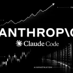 Čiernobiely technologický vizuál zobrazuje logo Anthropic a Claude Code na tmavom pozadí s rastúcimi grafmi, burzovými sviečkami a radom serverov, ktoré symbolizujú rast valuácie, firemné nasadenie a budovanie AI infraštruktúry.