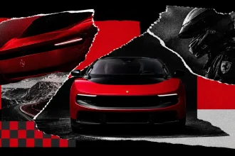 Červené Ferrari v dramatickej kolážovej kompozícii s čiernym pozadím, červenými grafickými prvkami a motoristickými detailmi.