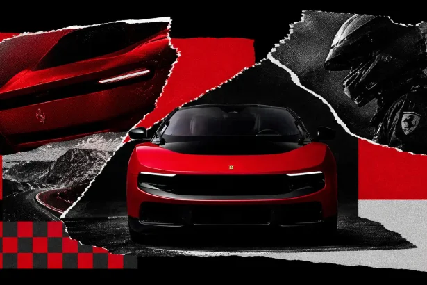 Červené Ferrari v dramatickej kolážovej kompozícii s čiernym pozadím, červenými grafickými prvkami a motoristickými detailmi.