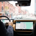 : Interiér elektromobilu Rivian s veľkým centrálnym displejom zobrazujúcim navigáciu počas jazdy v meste.