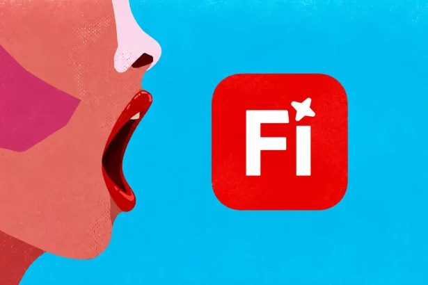 Minimalistická ilustrácia tváre s otvorenými ústami v úžase, ktorá smeruje k červenému logu Adobe Firefly na tyrkysovom pozadí.