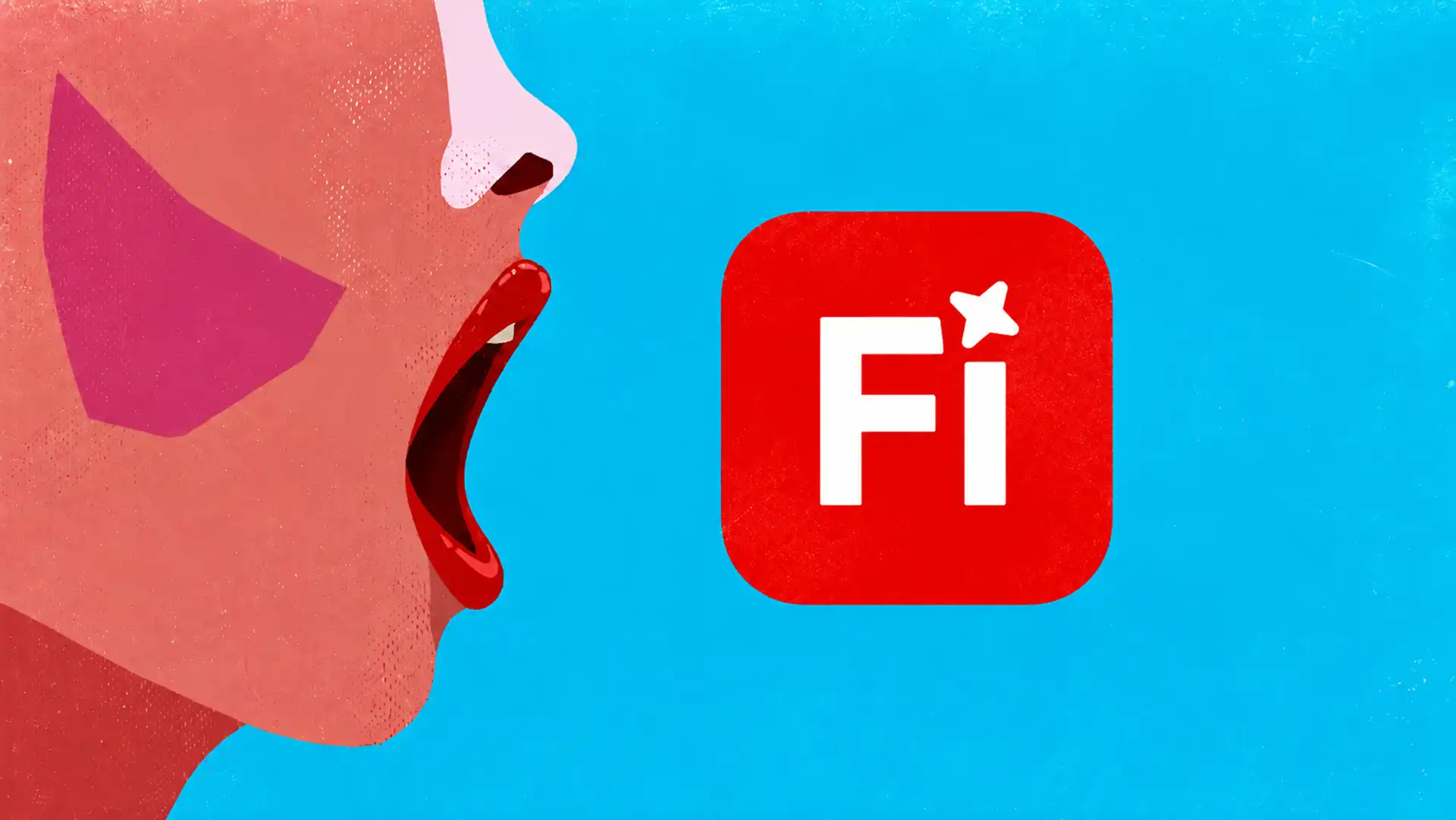Minimalistická ilustrácia tváre s otvorenými ústami v úžase, ktorá smeruje k červenému logu Adobe Firefly na tyrkysovom pozadí.