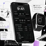 Moderná ilustračná koláž zobrazuje mobilný športový ekosystém pred futbalovým šampionátom World Cup 2026 – smartfón s live skóre, rozpisom zápasov a tabuľkou skupiny, smart hodinky s notifikáciou o zápase, futbalistu, loptu a štadión v čierno-bielom editorial štýle s fialovými akcentmi.