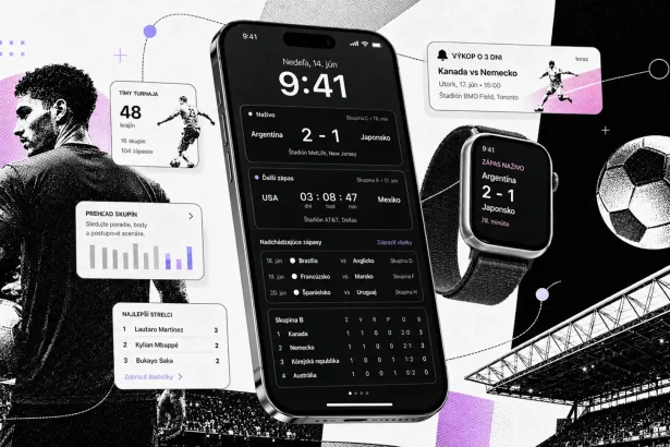 Moderná ilustračná koláž zobrazuje mobilný športový ekosystém pred futbalovým šampionátom World Cup 2026 – smartfón s live skóre, rozpisom zápasov a tabuľkou skupiny, smart hodinky s notifikáciou o zápase, futbalistu, loptu a štadión v čierno-bielom editorial štýle s fialovými akcentmi.