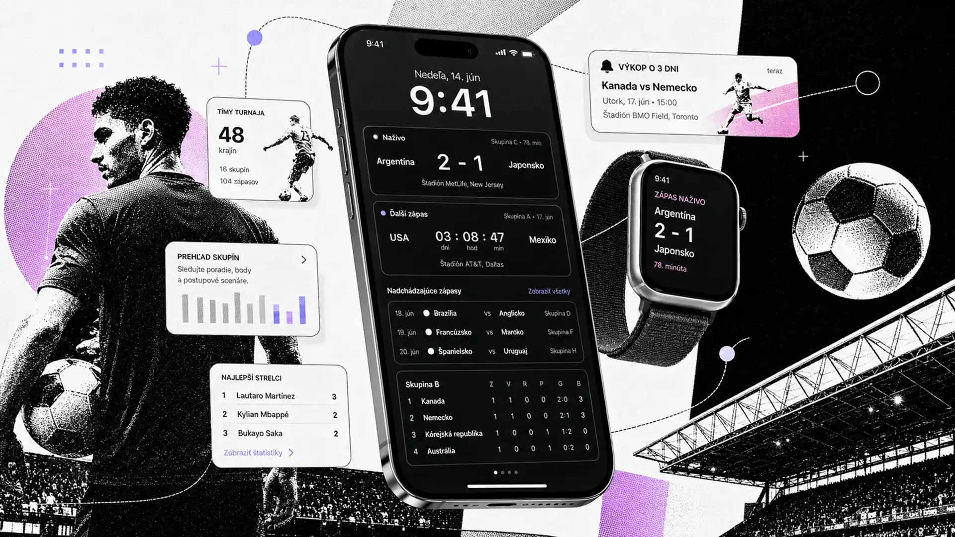 Moderná ilustračná koláž zobrazuje mobilný športový ekosystém pred futbalovým šampionátom World Cup 2026 – smartfón s live skóre, rozpisom zápasov a tabuľkou skupiny, smart hodinky s notifikáciou o zápase, futbalistu, loptu a štadión v čierno-bielom editorial štýle s fialovými akcentmi.