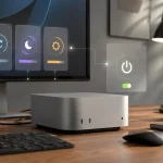 Mac mini na pracovnom stole s monitorom a grafickými ikonami napájania, spánku a systémových nastavení.
