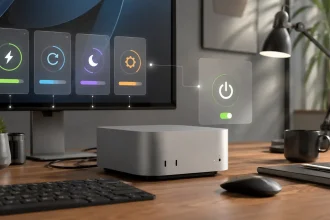 Mac mini na pracovnom stole s monitorom a grafickými ikonami napájania, spánku a systémových nastavení.