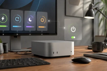 Mac mini na pracovnom stole s monitorom a grafickými ikonami napájania, spánku a systémových nastavení.