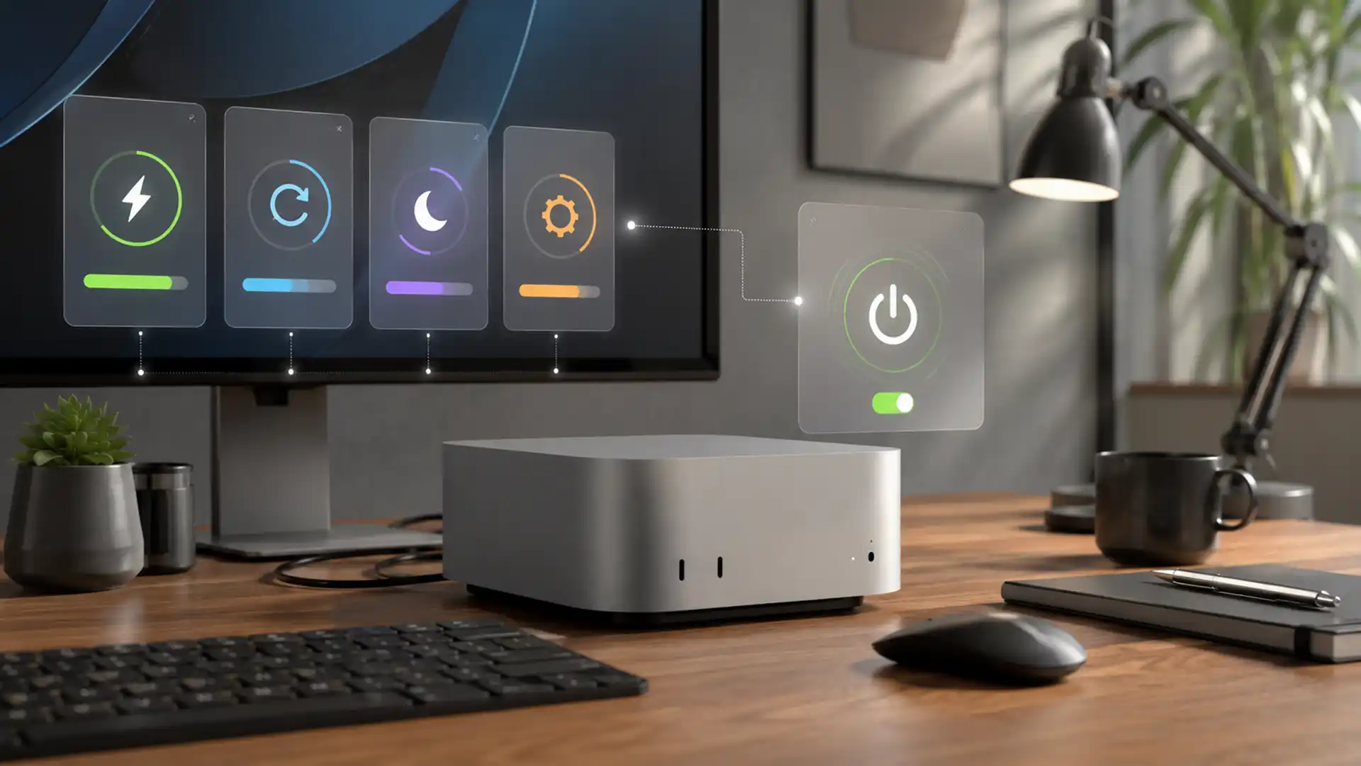 Mac mini na pracovnom stole s monitorom a grafickými ikonami napájania, spánku a systémových nastavení.