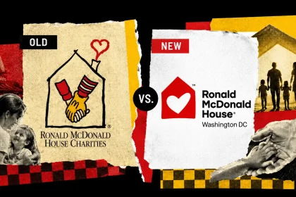 Koláž porovnávajúca staré a nové logo Ronald McDonald House s motívmi rodiny, pomoci a charitatívnej podpory.