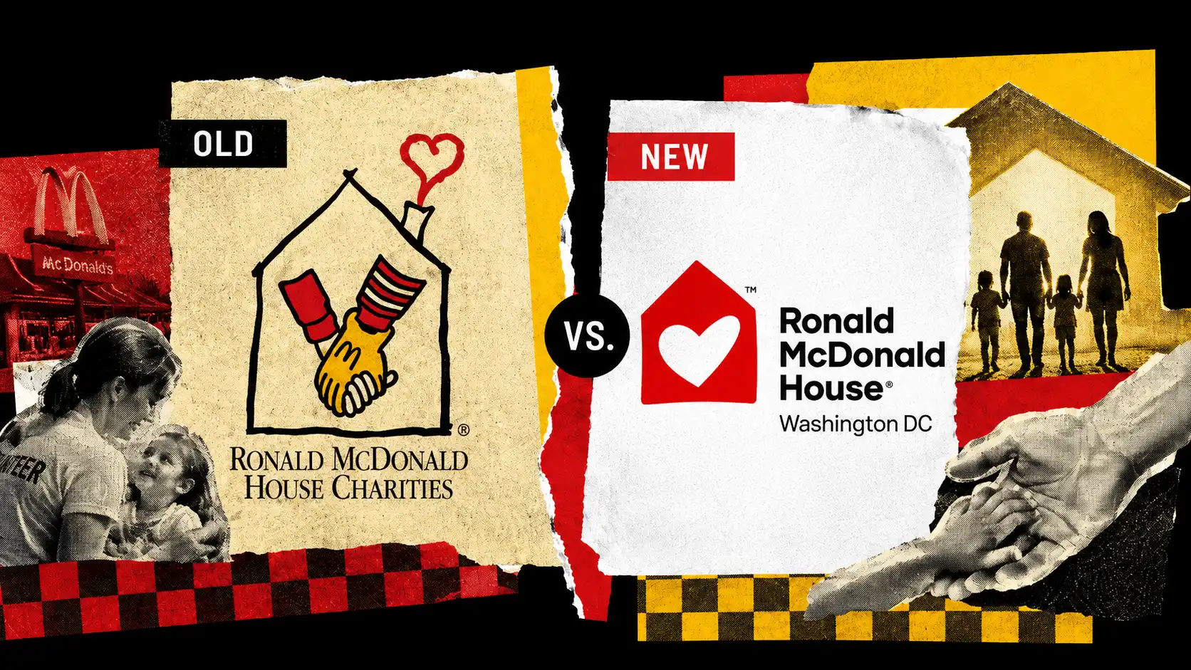 Koláž porovnávajúca staré a nové logo Ronald McDonald House s motívmi rodiny, pomoci a charitatívnej podpory.