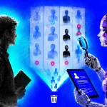 Digitálna ilustrácia kandidáta stojaceho oproti AI systému, ktorý cez náborový filter hodnotí profily uchádzačov a niektoré z nich odmieta.