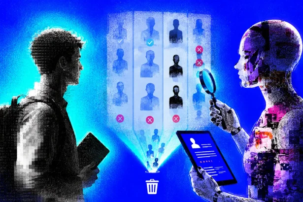 Digitálna ilustrácia kandidáta stojaceho oproti AI systému, ktorý cez náborový filter hodnotí profily uchádzačov a niektoré z nich odmieta.