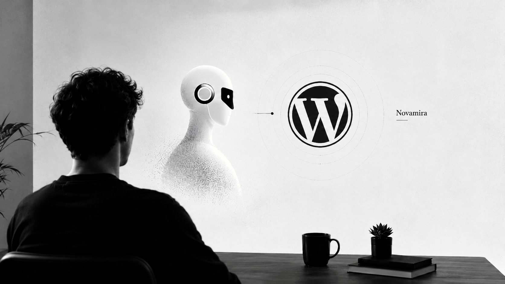 Čiernobiely minimalistický GIF, v ktorom človek zozadu sleduje AI agenta a glitchujúce logo WordPressu pri nápise Novamira.