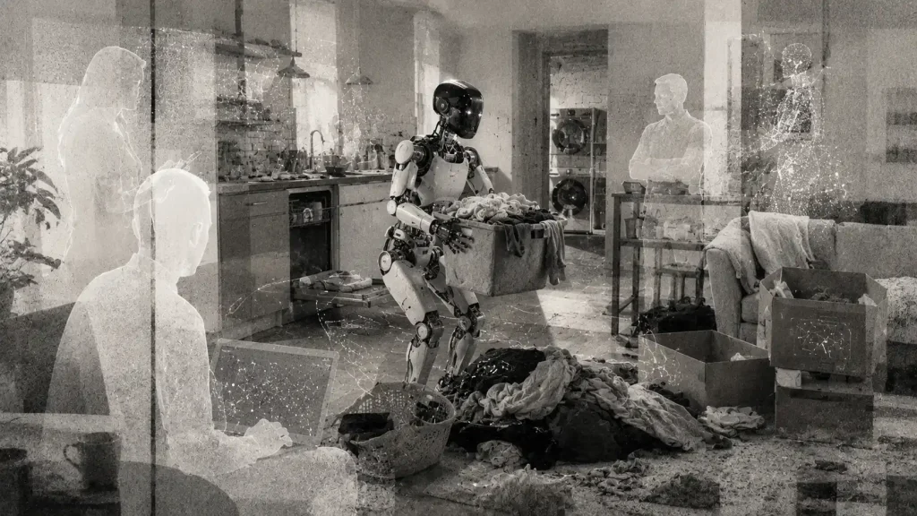 Čiernobiela editorial ilustrácia zobrazuje humanoidného robota v neporiadnej domácnosti, ako nesie kôš s bielizňou, zatiaľ čo okolo neho sú naznačené ľudské postavy, digitálne vrstvy a technické vizualizácie, ktoré symbolizujú tréning dát pre budúcich domácich robotov.