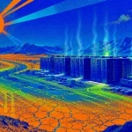 Farebná konceptuálna ilustrácia masívneho AI serverového komplexu v suchej púštnej krajine s popraskanou zemou, energetickými líniami, horúcim slnkom a tepelným oparom.