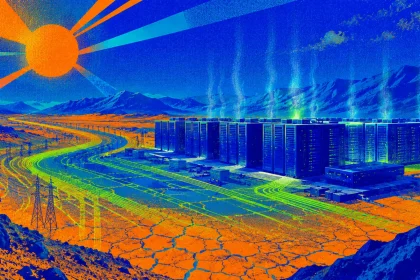 Farebná konceptuálna ilustrácia masívneho AI serverového komplexu v suchej púštnej krajine s popraskanou zemou, energetickými líniami, horúcim slnkom a tepelným oparom.