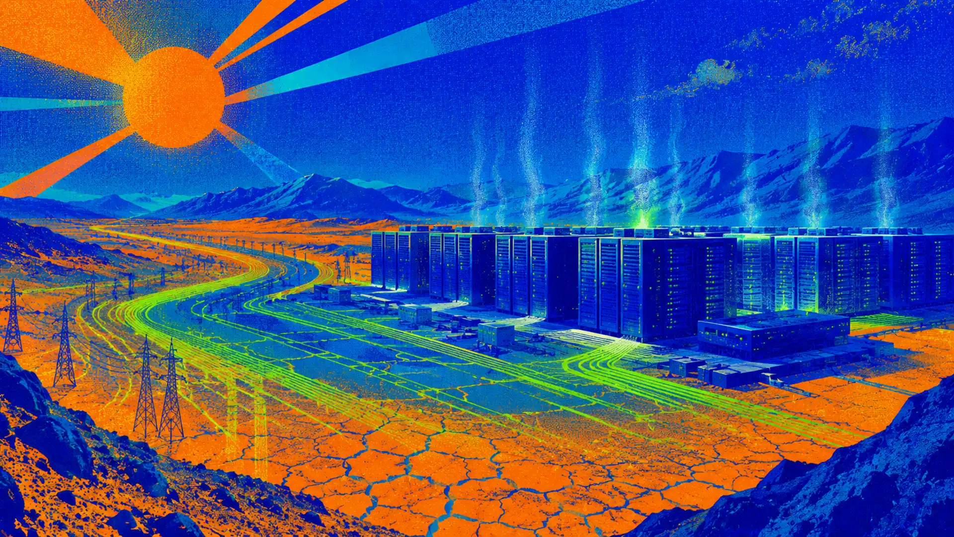 Farebná konceptuálna ilustrácia masívneho AI serverového komplexu v suchej púštnej krajine s popraskanou zemou, energetickými líniami, horúcim slnkom a tepelným oparom.