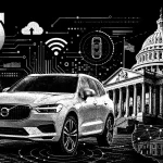 Čiernobiela editorial ilustrácia zobrazuje auto Volvo pred budovou amerického Kapitolu, obklopené symbolmi konektivity, dátových tokov, satelitov, mapy USA a Číny, čo vizuálne prepája tému connected cars s geopolitikou, reguláciou a technologickým dohľadom.