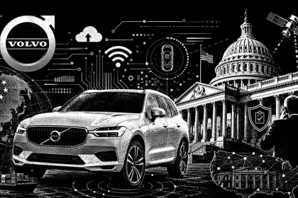 Čiernobiela editorial ilustrácia zobrazuje auto Volvo pred budovou amerického Kapitolu, obklopené symbolmi konektivity, dátových tokov, satelitov, mapy USA a Číny, čo vizuálne prepája tému connected cars s geopolitikou, reguláciou a technologickým dohľadom.