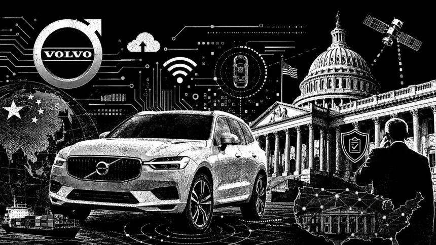 Čiernobiela editorial ilustrácia zobrazuje auto Volvo pred budovou amerického Kapitolu, obklopené symbolmi konektivity, dátových tokov, satelitov, mapy USA a Číny, čo vizuálne prepája tému connected cars s geopolitikou, reguláciou a technologickým dohľadom.
