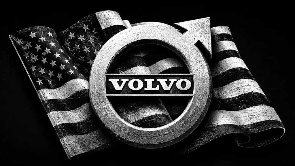 3D koláž v čiernobielom štýle zobrazuje veľké logo Volvo umiestnené pred vlniacou sa americkou vlajkou na tmavom pozadí, čím vizuálne spája značku s témou amerického trhu a regulácie.