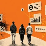 Kolážová ilustrácia v retro-editoriálnom štýle zobrazuje troch ľudí kráčajúcich od rozpadajúcich sa affiliate odkazov a nefunkčných marketingových taktík smerom k modernému digitálnemu ekosystému. V pozadí dominujú oranžové plochy, ručne kreslené línie, graf rastu, hodnotenia, video obsah, používateľské profily a symbol dôvery, ktoré reprezentujú nový affiliate marketing postavený na obsahu, komunite a kredibilite.