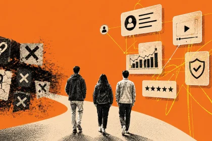 Kolážová ilustrácia v retro-editoriálnom štýle zobrazuje troch ľudí kráčajúcich od rozpadajúcich sa affiliate odkazov a nefunkčných marketingových taktík smerom k modernému digitálnemu ekosystému. V pozadí dominujú oranžové plochy, ručne kreslené línie, graf rastu, hodnotenia, video obsah, používateľské profily a symbol dôvery, ktoré reprezentujú nový affiliate marketing postavený na obsahu, komunite a kredibilite.