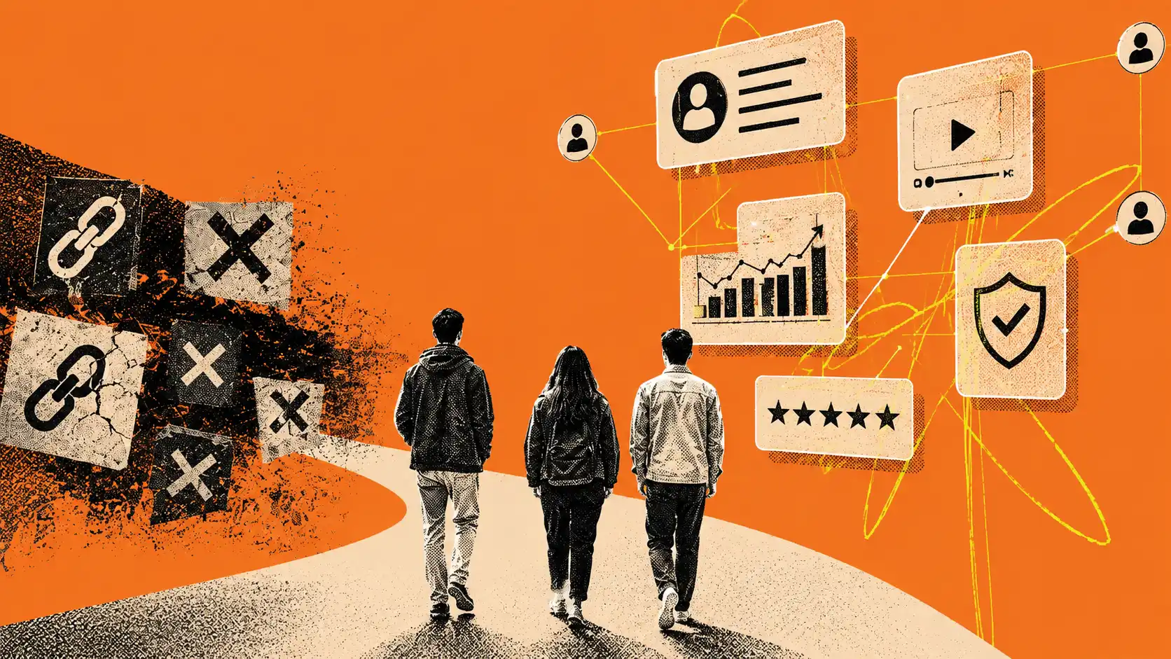 Kolážová ilustrácia v retro-editoriálnom štýle zobrazuje troch ľudí kráčajúcich od rozpadajúcich sa affiliate odkazov a nefunkčných marketingových taktík smerom k modernému digitálnemu ekosystému. V pozadí dominujú oranžové plochy, ručne kreslené línie, graf rastu, hodnotenia, video obsah, používateľské profily a symbol dôvery, ktoré reprezentujú nový affiliate marketing postavený na obsahu, komunite a kredibilite.