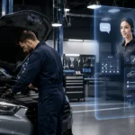 Mechanik pracuje na otvorenej kapote vozidla v modernom autoservise, zatiaľ čo vedľa neho je zobrazené digitálne AI rozhranie s rezerváciami, plánovaním servisu, správou zákazníkov a odhadom opravy.