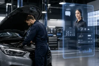 Mechanik pracuje na otvorenej kapote vozidla v modernom autoservise, zatiaľ čo vedľa neho je zobrazené digitálne AI rozhranie s rezerváciami, plánovaním servisu, správou zákazníkov a odhadom opravy.