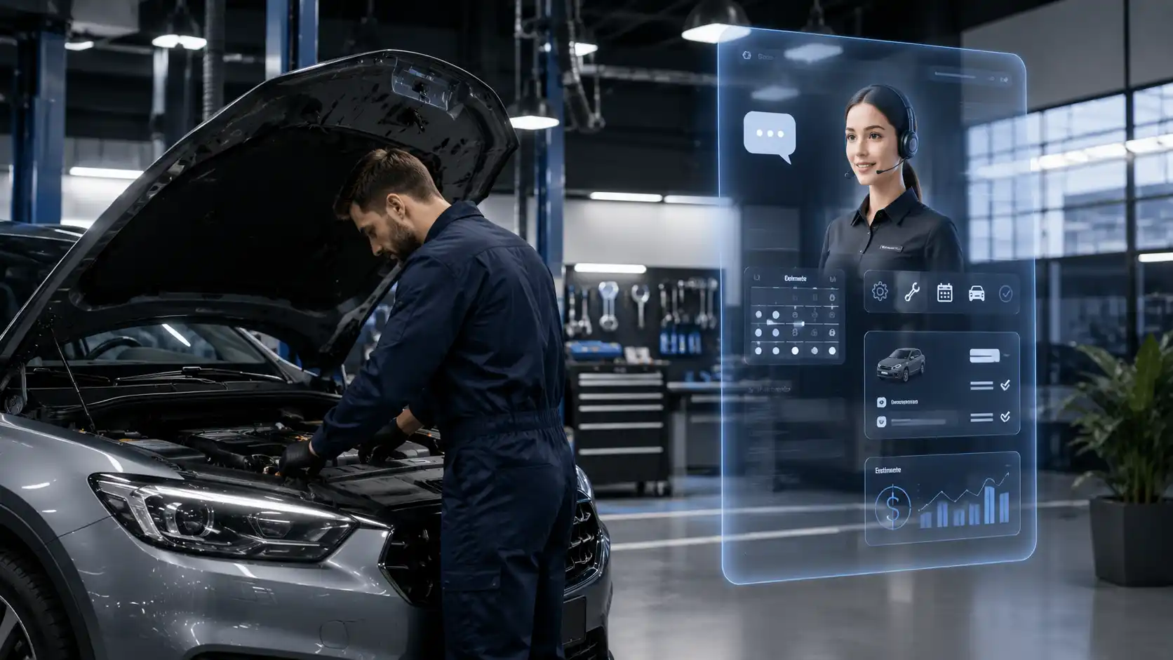 Mechanik pracuje na otvorenej kapote vozidla v modernom autoservise, zatiaľ čo vedľa neho je zobrazené digitálne AI rozhranie s rezerváciami, plánovaním servisu, správou zákazníkov a odhadom opravy.