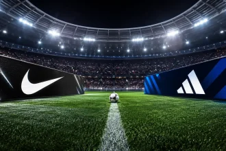 Futbalový štadión s digitálnymi reklamnými obrazovkami symbolizujúcimi súboj značiek Nike a Adidas počas veľkého svetového turnaja.
