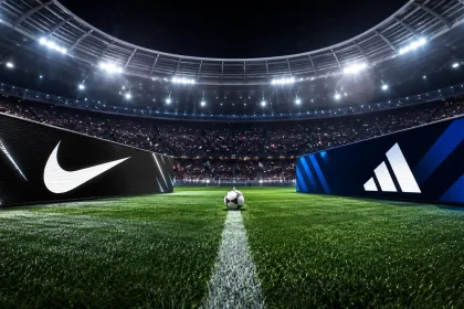Futbalový štadión s digitálnymi reklamnými obrazovkami symbolizujúcimi súboj značiek Nike a Adidas počas veľkého svetového turnaja.