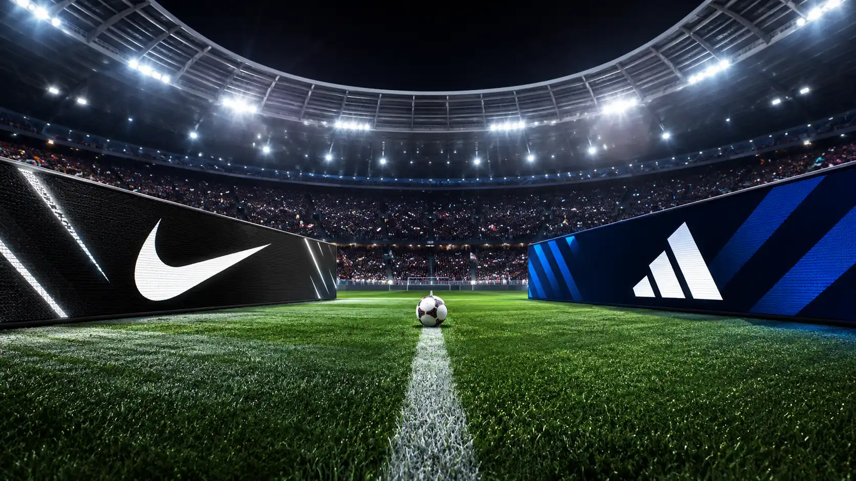 Futbalový štadión s digitálnymi reklamnými obrazovkami symbolizujúcimi súboj značiek Nike a Adidas počas veľkého svetového turnaja.