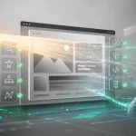Ilustračná grafika webového auditu, kde svetelný lúč skenuje webové rozhranie a okolo neho sa pohybujú abstraktní AI agenti s digitálnymi kontrolnými bodmi.