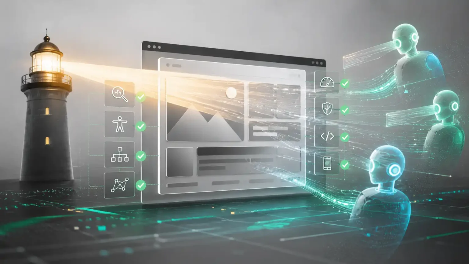 Ilustračná grafika webového auditu, kde svetelný lúč skenuje webové rozhranie a okolo neho sa pohybujú abstraktní AI agenti s digitálnymi kontrolnými bodmi.