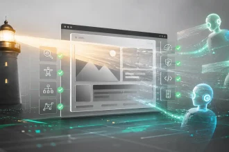 Ilustračná grafika webového auditu, kde svetelný lúč skenuje webové rozhranie a okolo neho sa pohybujú abstraktní AI agenti s digitálnymi kontrolnými bodmi.